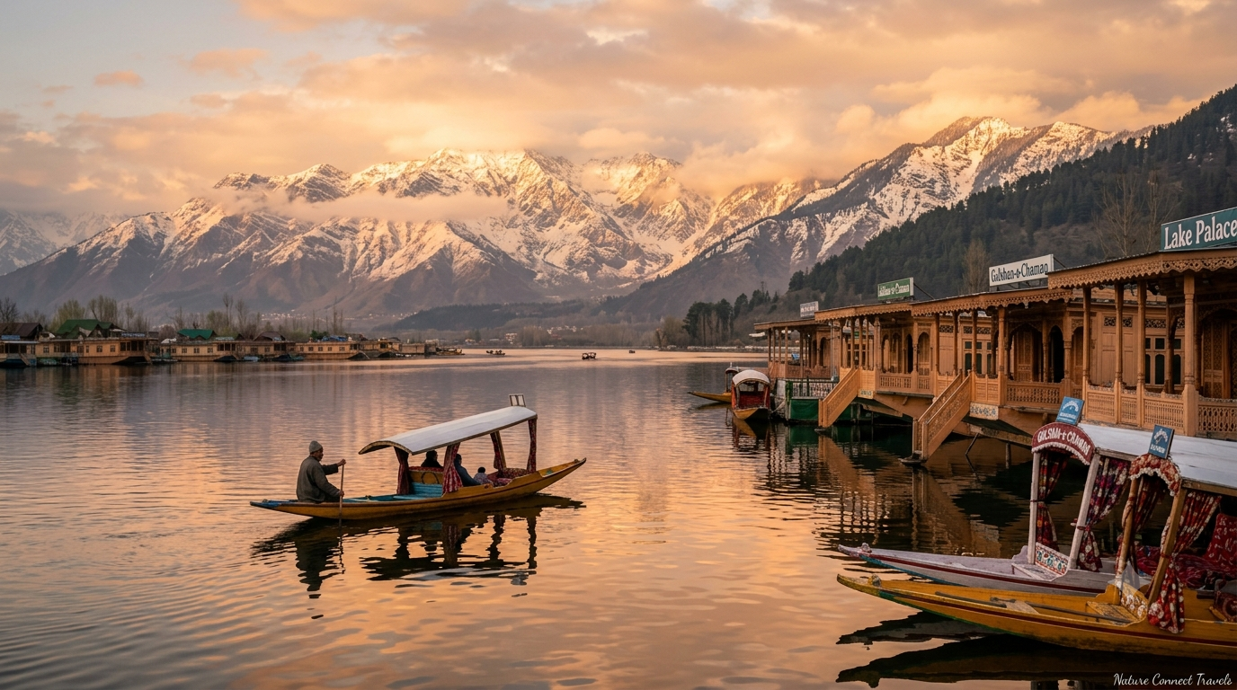 Kashmir package 2026 by Nature Connect Travels showing Dal Lake houseboats and Himalayan peaks