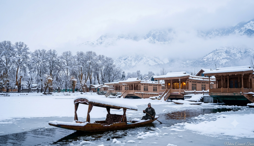 Kashmir package in January by Nature Connect Travels showing snow-covered Dal Lake houseboats and Shikara