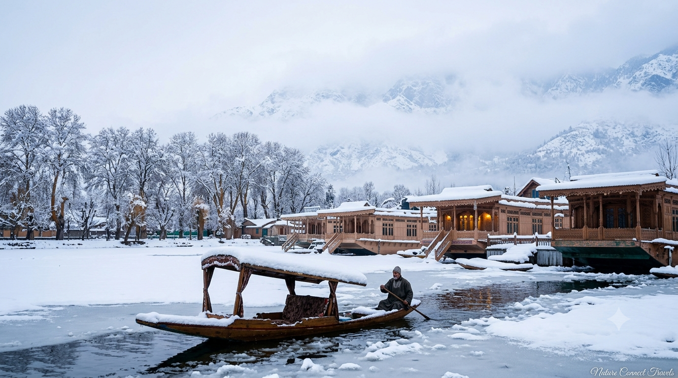 Kashmir package in January by Nature Connect Travels showing snow-covered Dal Lake houseboats and Shikara