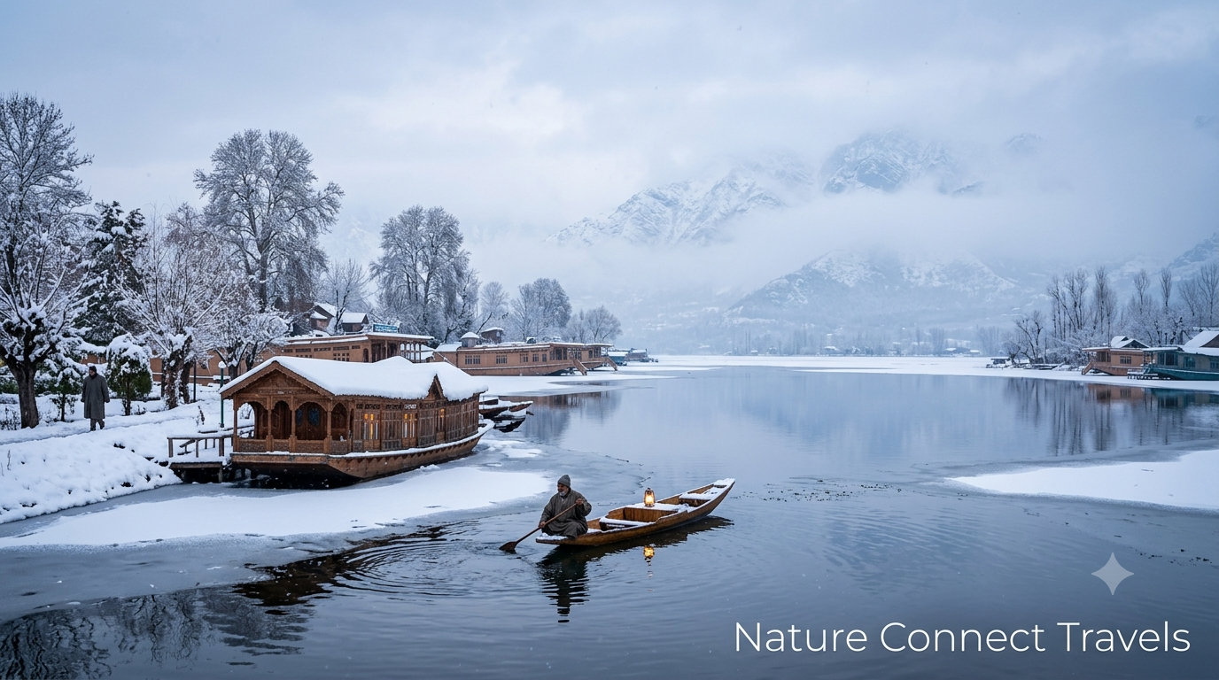 Kashmir packages in December by Nature Connect Travels showing snow-covered Dal Lake houseboats and Shikara