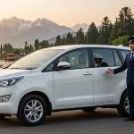 Kashmir private taxi with driver package showing Nature Connect Travels chauffeur with Innova Crysta at Dal Lake