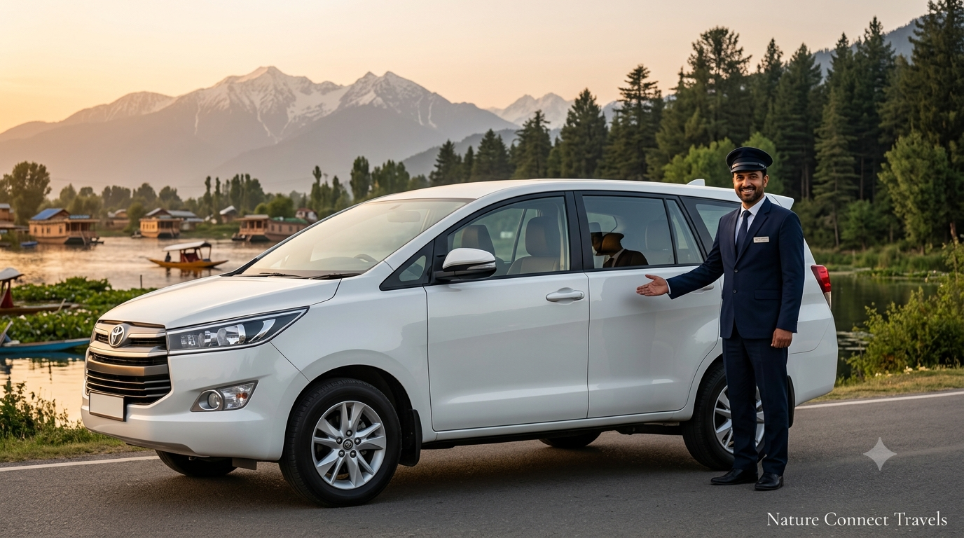 Kashmir private taxi with driver package showing Nature Connect Travels chauffeur with Innova Crysta at Dal Lake
