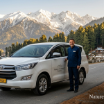 Kashmir reliable taxi service reviews showing professional Nature Connect Travels driver with clean Innova Crysta and mountain backdrop