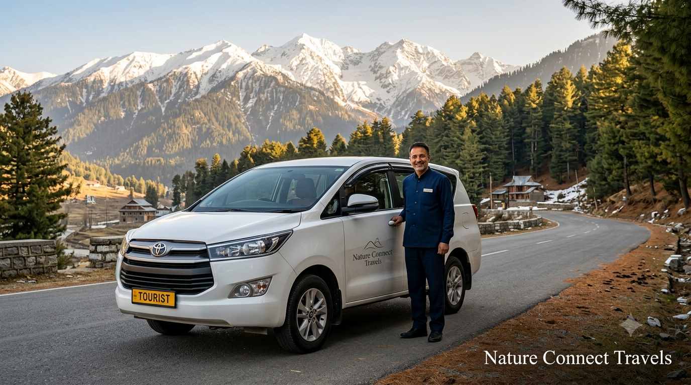 Kashmir reliable taxi service reviews showing professional Nature Connect Travels driver with clean Innova Crysta and mountain backdrop