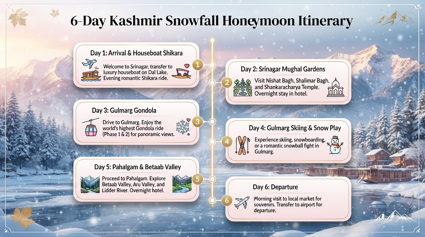 Kashmir snowfall honeymoon package - 6-day itinerary infographic Srinagar Gulmarg Pahalgam romantic winter journey for couples
