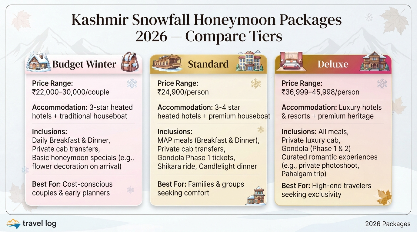 Kashmir snowfall honeymoon package - comparison infographic budget standard deluxe tiers for 2026 snow honeymoon
