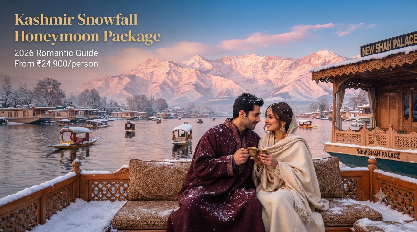 Kashmir snowfall honeymoon package - couple in pherans on snow-dusted houseboat deck with Dal Lake and Pir Panjal sunset