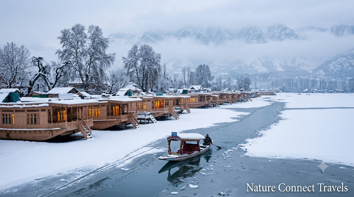 Kashmir snowfall package by Nature Connect Travels showing snow-covered Dal Lake houseboats and Shikara