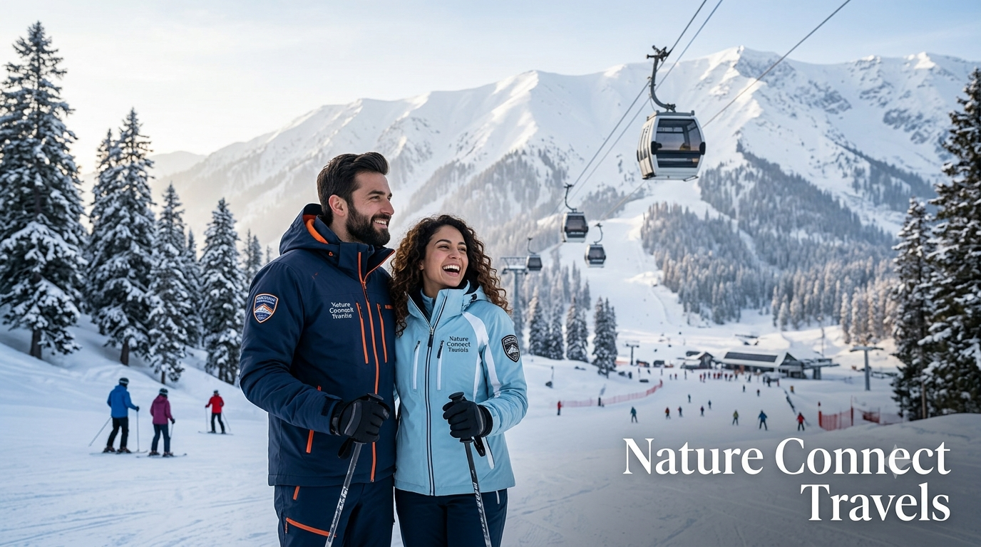 Kashmir snowfall tour package for couple with ski pass showing romantic ski holiday at Gulmarg with Gondola backdrop