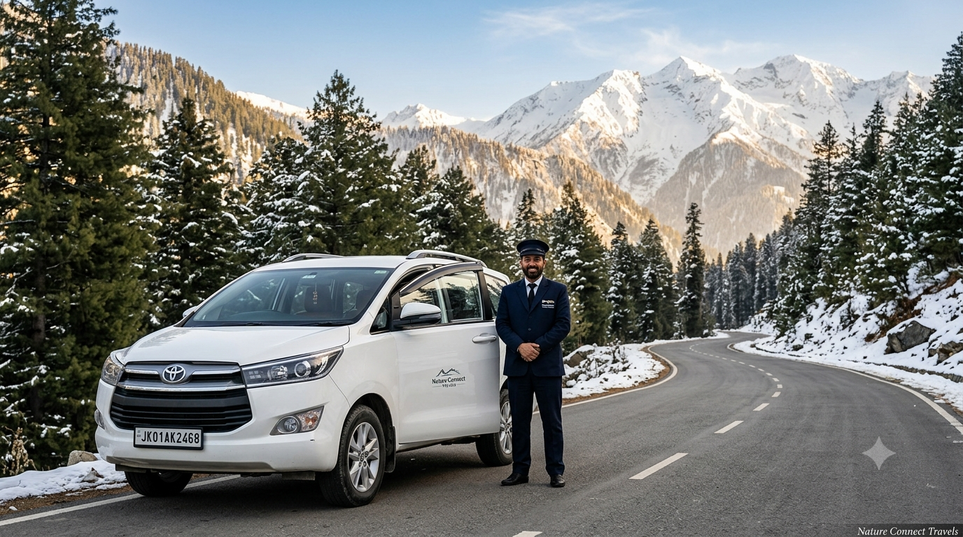Kashmir taxi fare guide by Nature Connect Travels showing Innova Crysta on Srinagar-Gulmarg highway