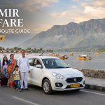 Kashmir taxi fare - white sedan with driver on Boulevard Road along Dal Lake for family travel in Srinagar