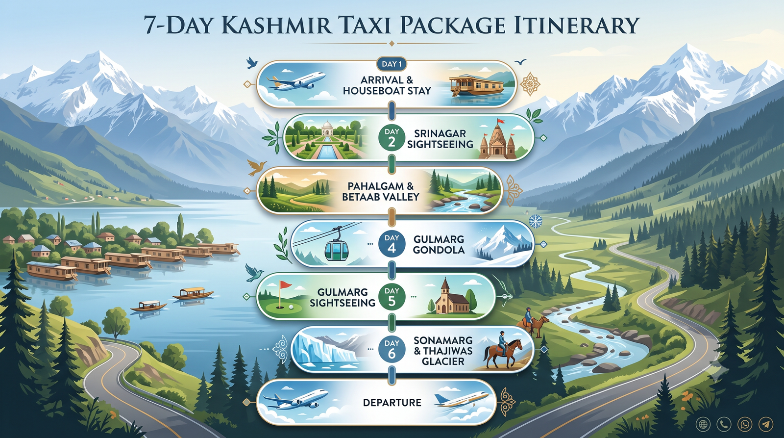 Kashmir taxi package 7 days - itinerary infographic Srinagar Gulmarg Pahalgam Sonamarg day-by-day journey map