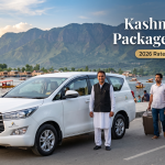 Kashmir taxi package 7 days - white Innova Crysta with driver on Boulevard Road along Dal Lake for family travel