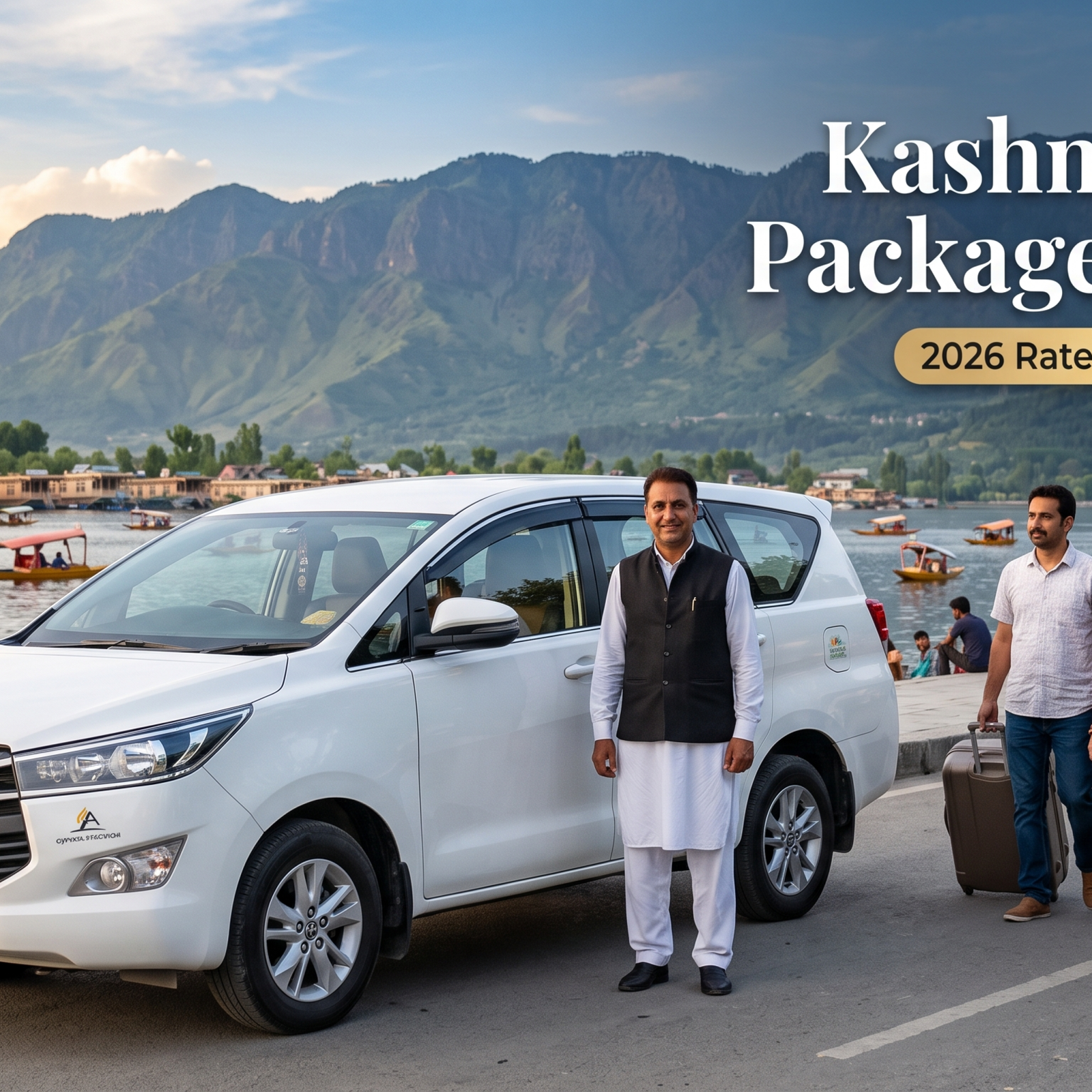 Kashmir taxi package 7 days - white Innova Crysta with driver on Boulevard Road along Dal Lake for family travel