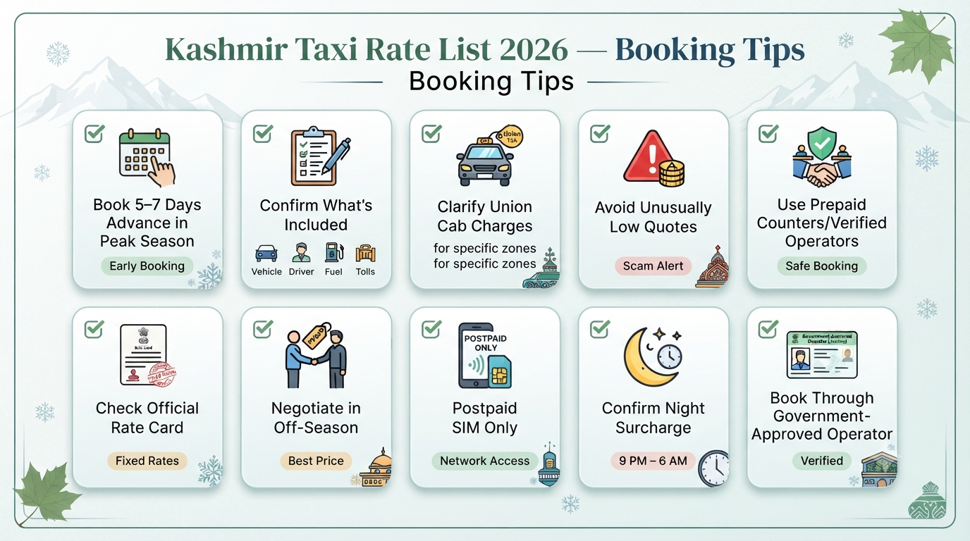 Kashmir taxi rate list 2026 - booking tips infographic for hassle-free cab booking in Kashmir travel plannin