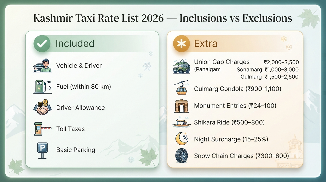 Kashmir taxi rate list 2026 - inclusions vs exclusions infographic for cab booking planning in Kashmir