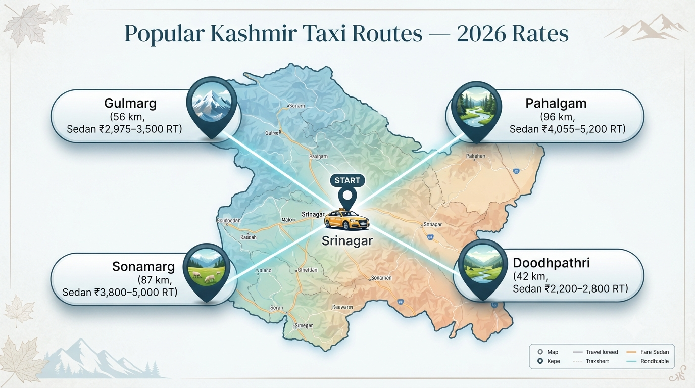 Kashmir taxi rate list 2026 - route-wise fare chart infographic Gulmarg Pahalgam Sonamarg Doodhpathri round trip rates