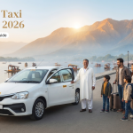 Kashmir taxi rate list 2026 - white sedan with driver on Boulevard Road along Dal Lake for family travel in Srinagar