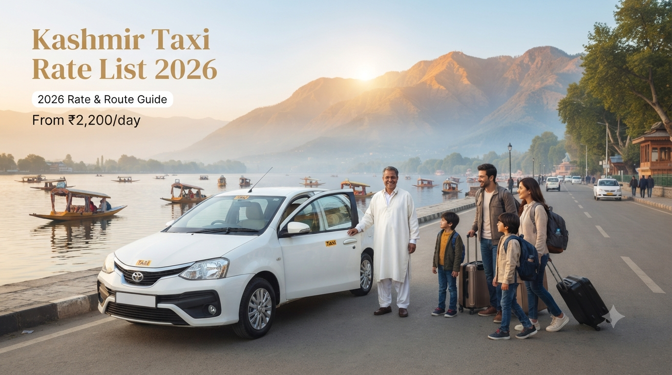 Kashmir taxi rate list 2026 - white sedan with driver on Boulevard Road along Dal Lake for family travel in Srinagar