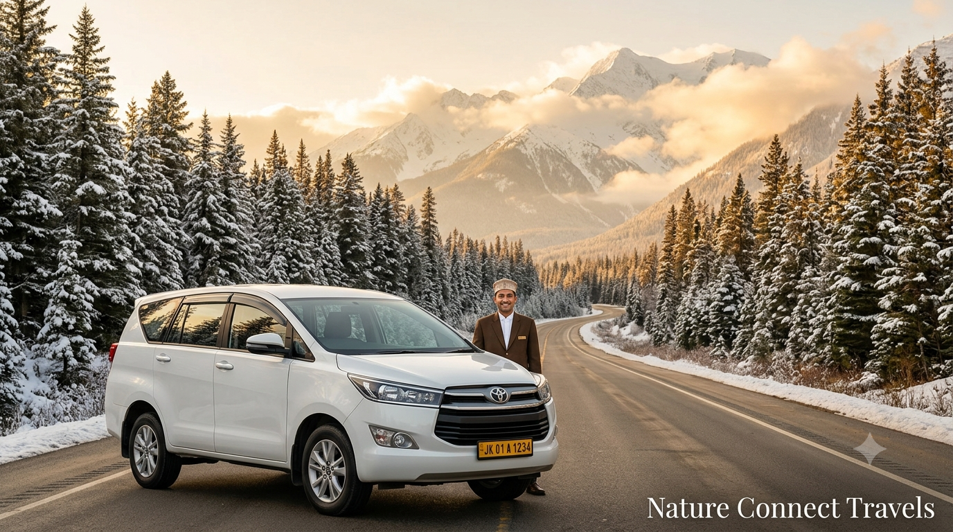 Kashmir taxi rate list by Nature Connect Travels showing Innova Crysta on Srinagar-Gulmarg highway