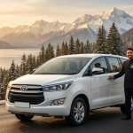 Kashmir taxi service for 7 days itinerary by Nature Connect Travels showing Innova Crysta on scenic route with Himalayan backdrop