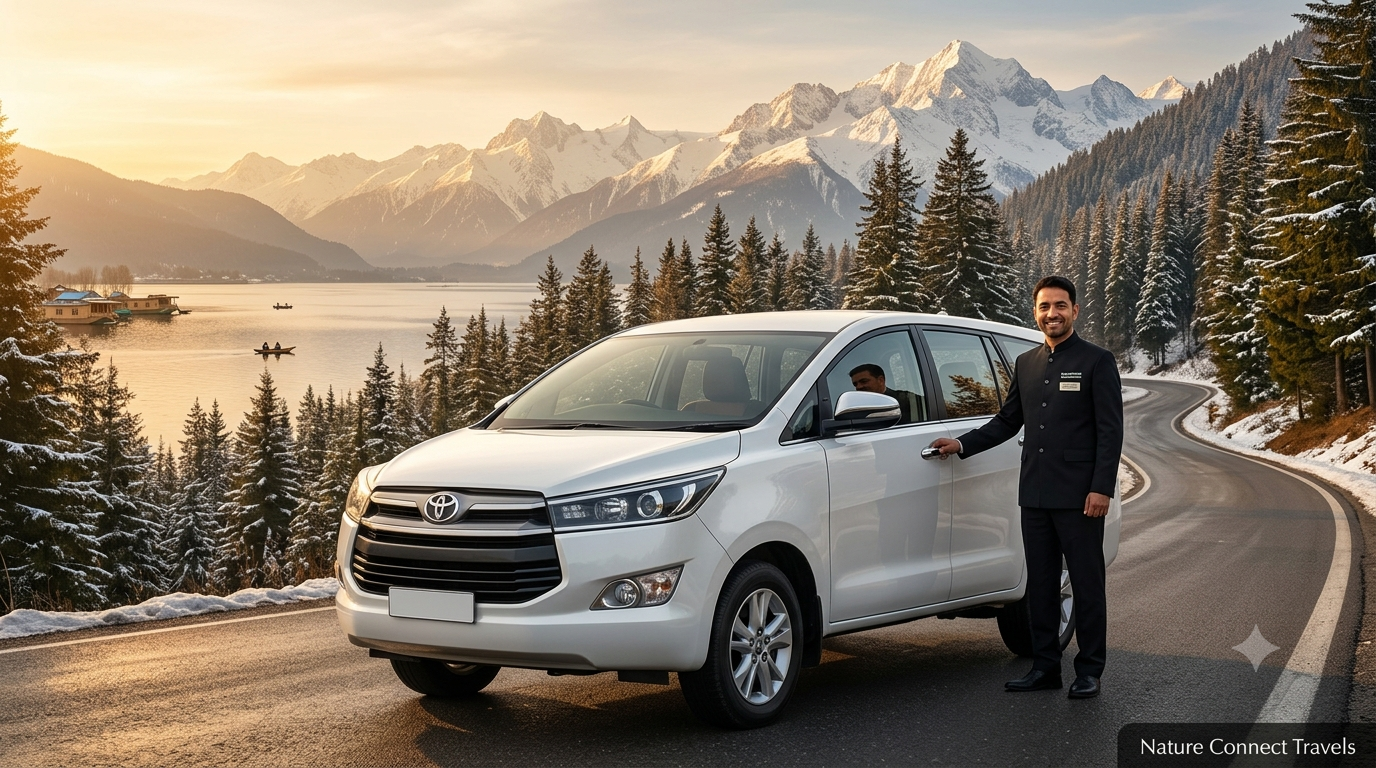 Kashmir taxi service for 7 days itinerary by Nature Connect Travels showing Innova Crysta on scenic route with Himalayan backdrop