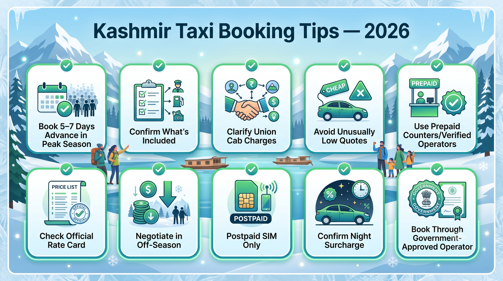Kashmir Taxi Service Per Day Rates 2026 | Cab Fare Guide 12 Kashmir taxi service per day rates - booking tips infographic for hassle-free cab booking in Kashmir