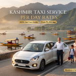 Kashmir taxi service per day rates - white sedan with driver on Boulevard Road along Dal Lake for family travel