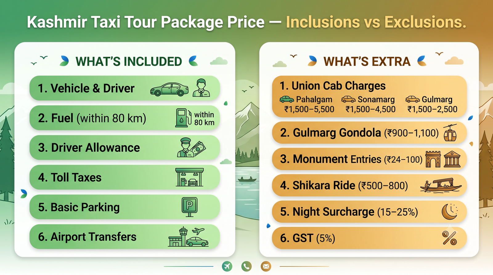 Kashmir taxi tour package price - inclusions vs exclusions infographic for package booking planning in Kashmir