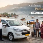 Kashmir taxi tour package price - white Innova Crysta with driver on Boulevard Road along Dal Lake for family travel