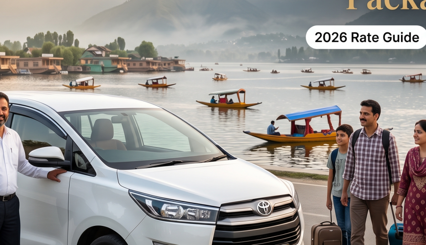 Kashmir taxi tour package price - white Innova Crysta with driver on Boulevard Road along Dal Lake for family travel
