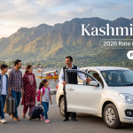 Kashmir taxi - white sedan with driver on Boulevard Road along Dal Lake for family travel in Srinagar