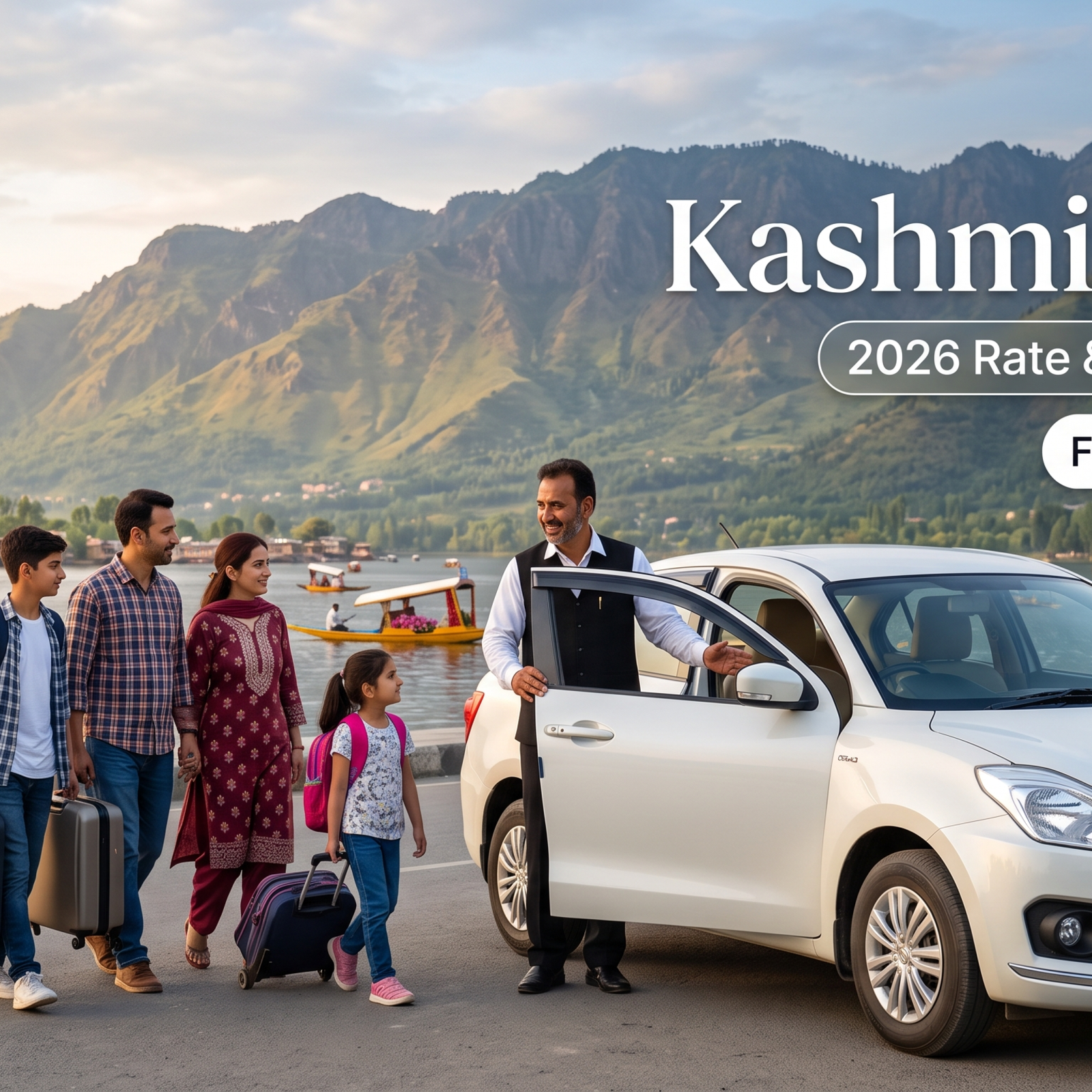 Kashmir taxi - white sedan with driver on Boulevard Road along Dal Lake for family travel in Srinagar