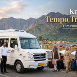 Kashmir tempo traveller - white Force Tempo Traveller with driver on Boulevard Road along Dal Lake for group travel in Srinagar