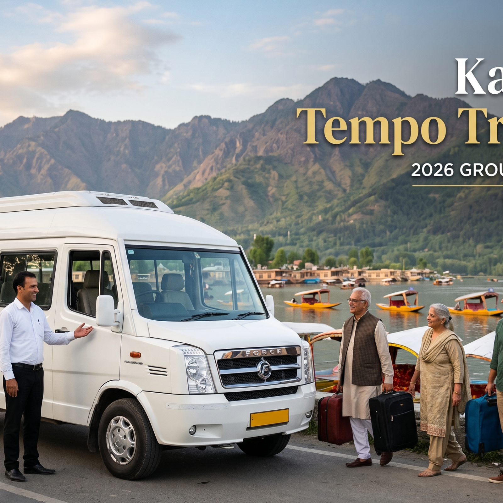 Kashmir tempo traveller - white Force Tempo Traveller with driver on Boulevard Road along Dal Lake for group travel in Srinagar