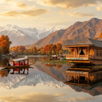 Kashmir tour package cost by Nature Connect Travels showing Dal Lake houseboat and Shikara at golden hour
