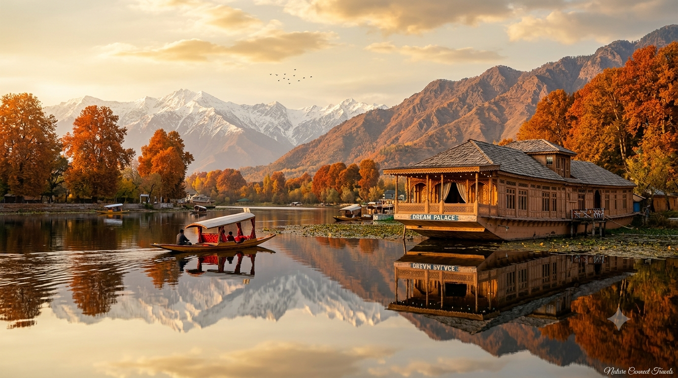 Kashmir tour package cost by Nature Connect Travels showing Dal Lake houseboat and Shikara at golden hour