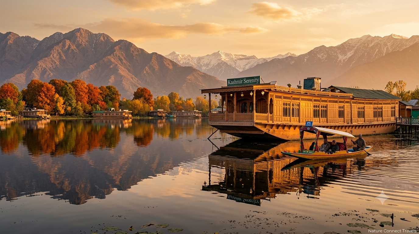 Kashmir tour package for 5 days by Nature Connect Travels showing Dal Lake houseboat and Shikara at golden hour