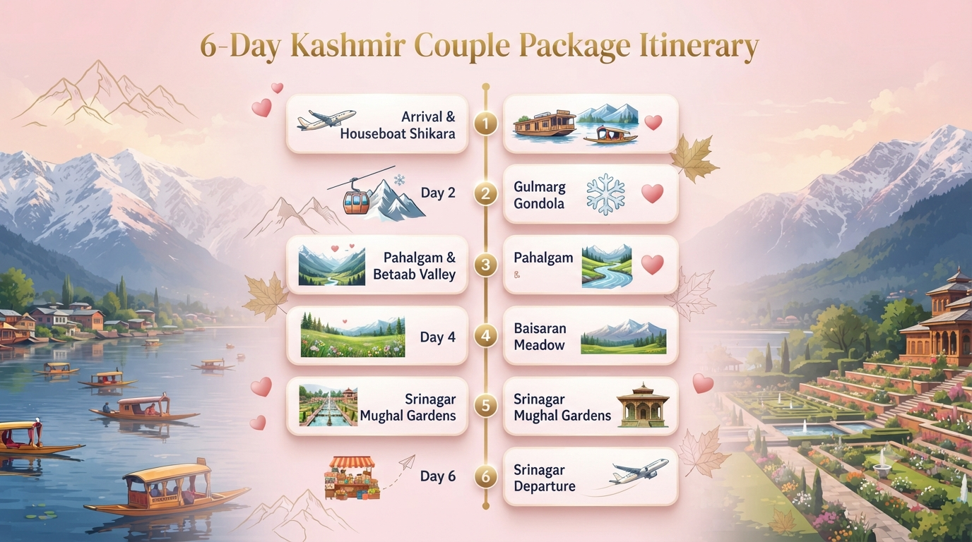 Kashmir tour package for couple - 6-day itinerary infographic Srinagar Gulmarg Pahalgam romantic journey for couples