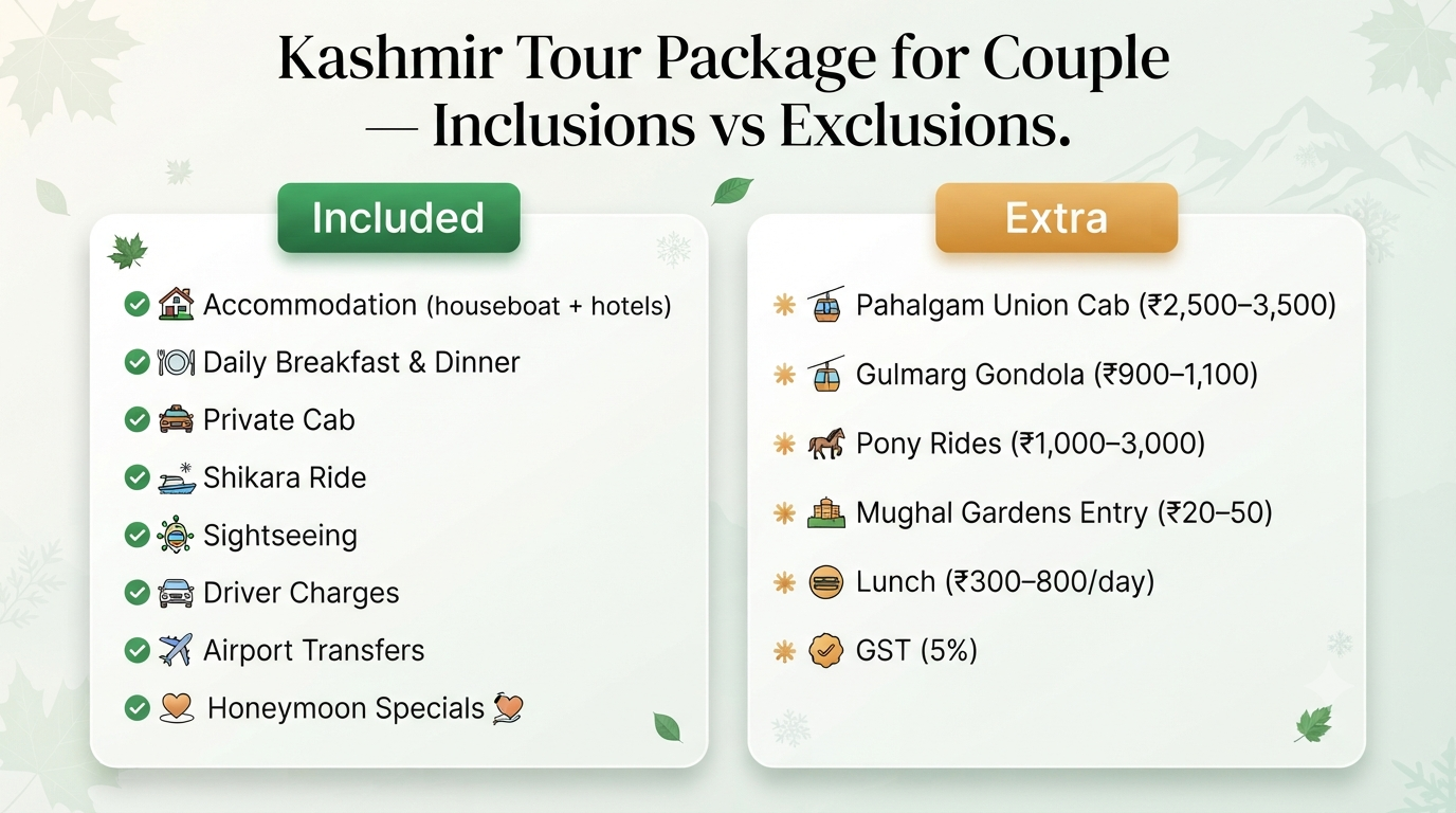 Kashmir tour package for couple - inclusions vs exclusions infographic for romantic holiday booking planning