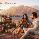 Kashmir tour package for couple - romantic couple on Dal Lake houseboat deck at golden hour with Shikara and Zabarwan mountains