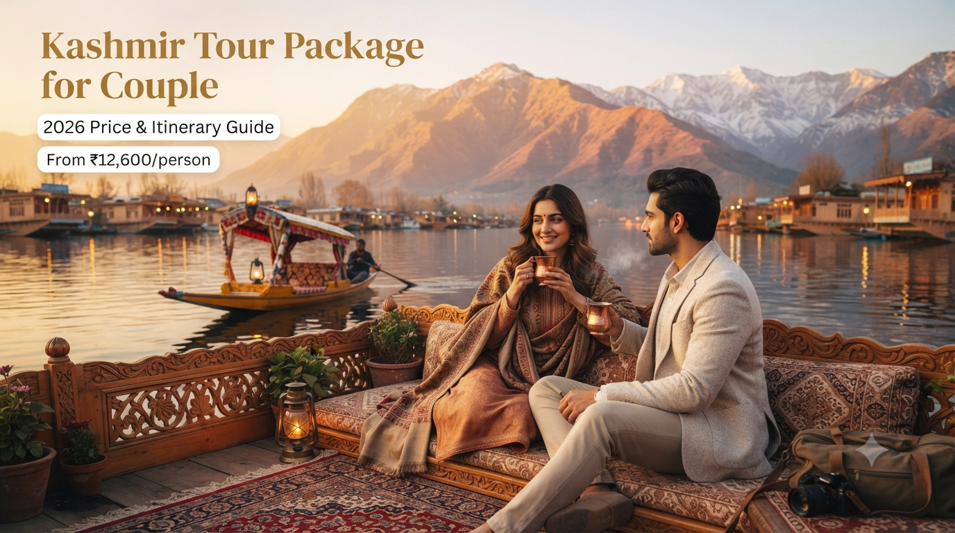 Kashmir tour package for couple - romantic couple on Dal Lake houseboat deck at golden hour with Shikara and Zabarwan mountains