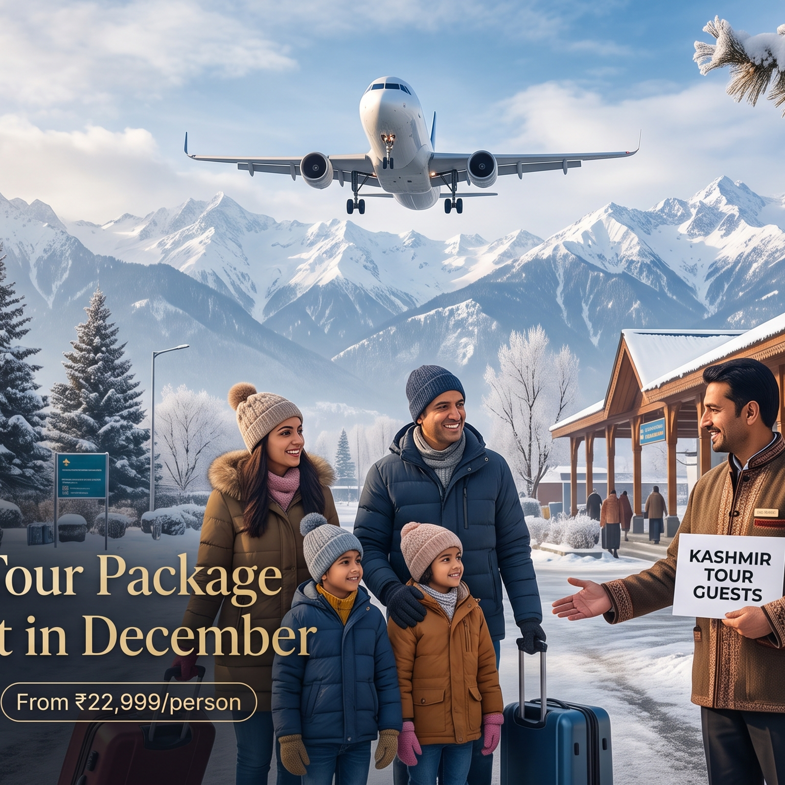 Kashmir tour package with flight in December - airplane descending to Srinagar airport with snow mountains and family arrival