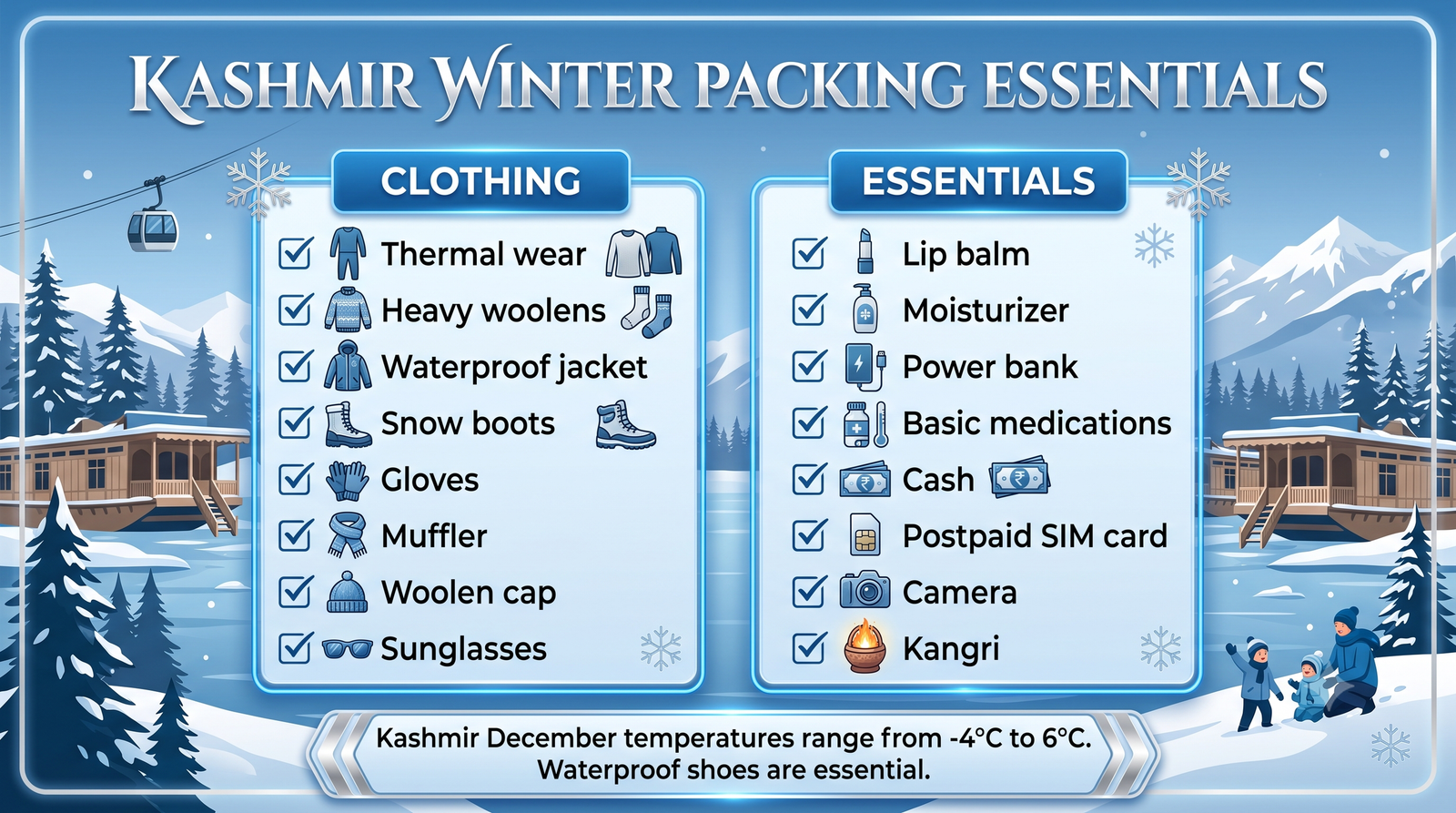 Kashmir Tour Package with Flight in December 2026 | Guide 14 Kashmir tour package with flight in December - packing essentials infographic clothing and items checklist for winter travel