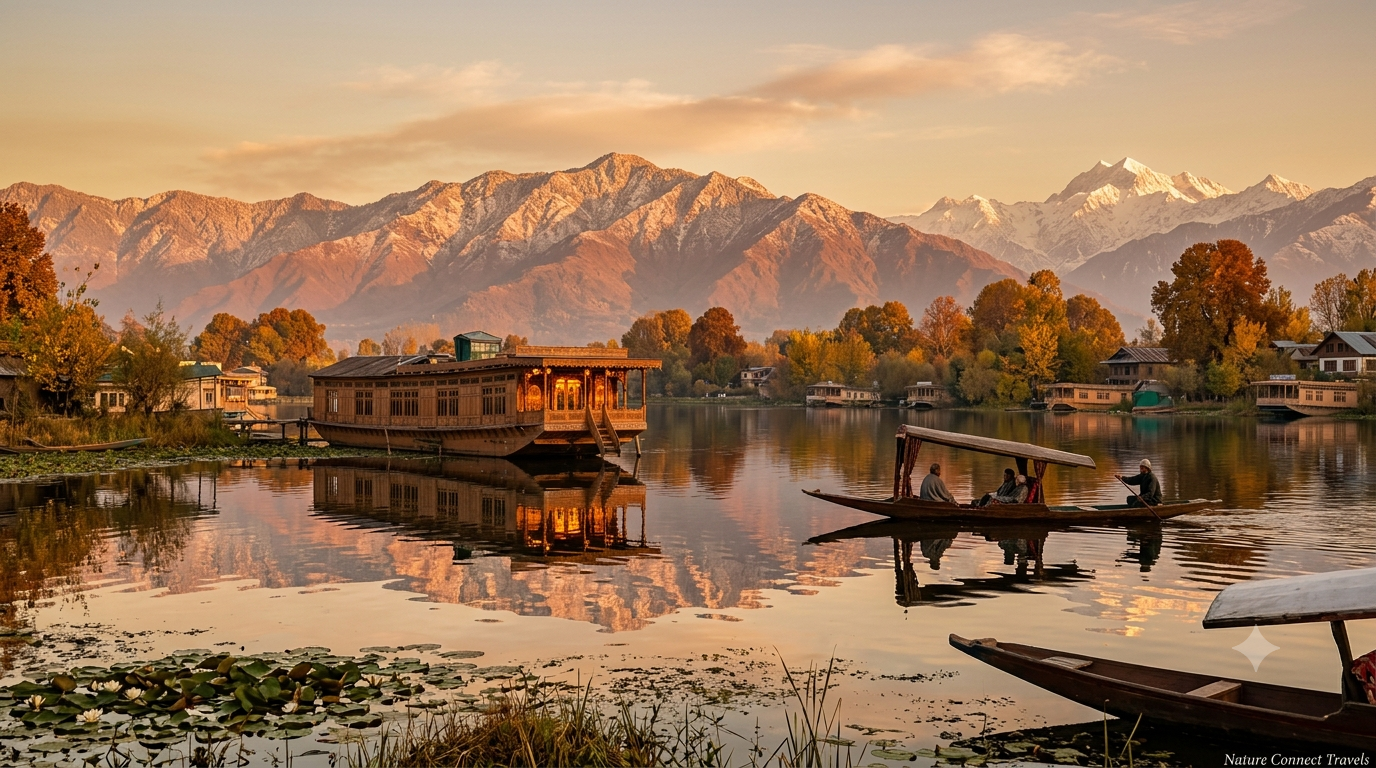 Kashmir tour plan by Nature Connect Travels showing Dal Lake houseboat and Shikara at golden hour