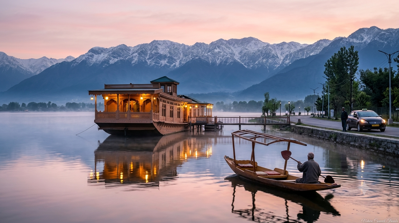 Kashmir tourist package by Nature Connect Travels showing Dal Lake houseboat with Shikara and private cab