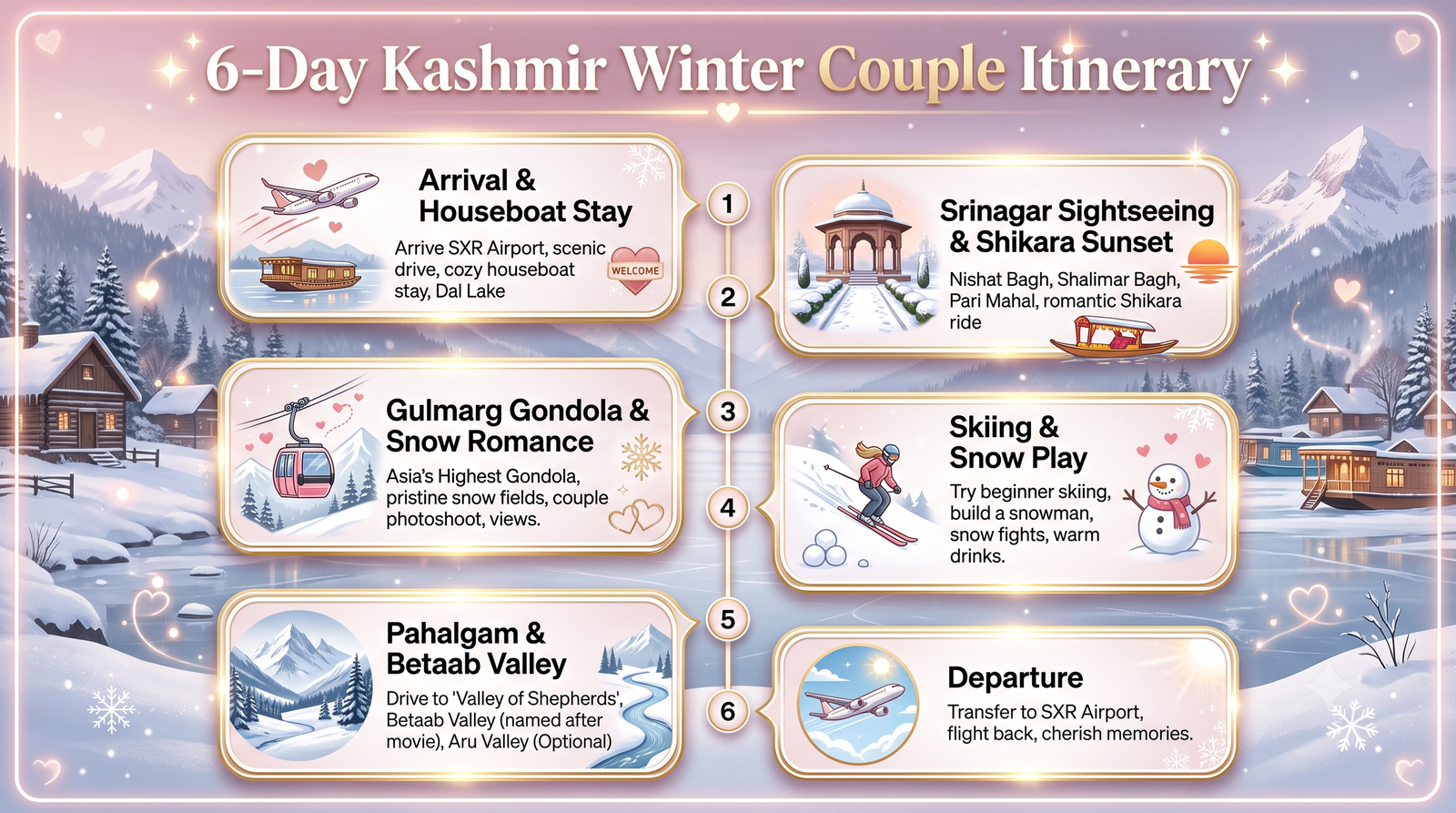 Kashmir Trip Cost for Couple in Winter 2026 | Budget & Guide 10 Kashmir trip cost for couple in winter - 6-day itinerary infographic Srinagar Gulmarg Pahalgam with romantic activities