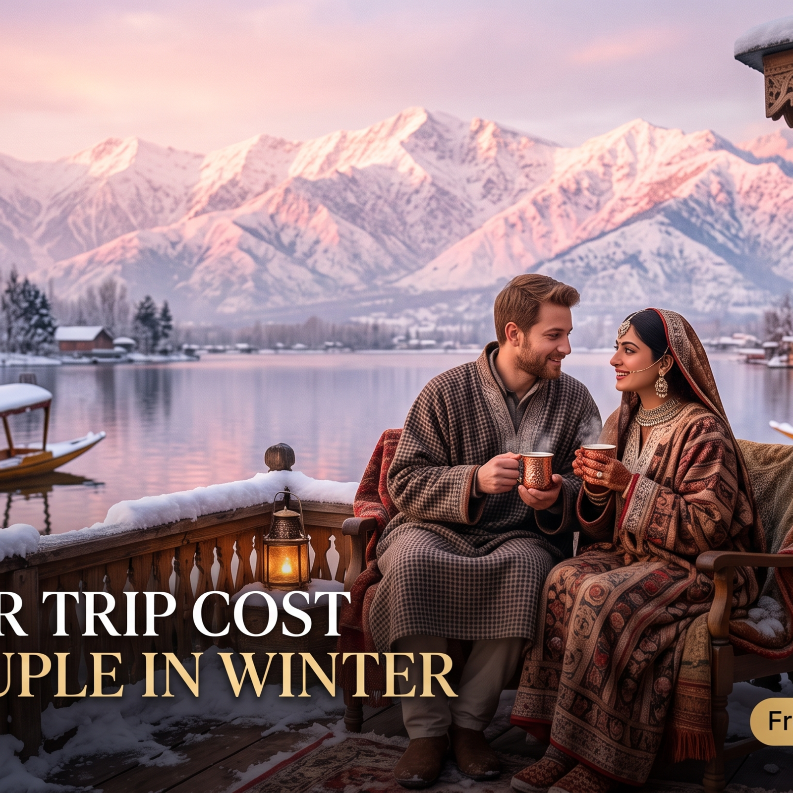 Kashmir trip cost for couple in winter - couple in pherans on snow-dusted houseboat deck with Dal Lake and Pir Panjal sunset