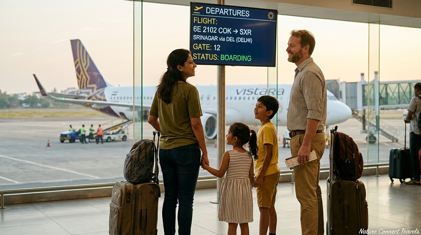 Kashmir trip package from Kerala by Nature Connect Travels showing family at Kochi airport departure