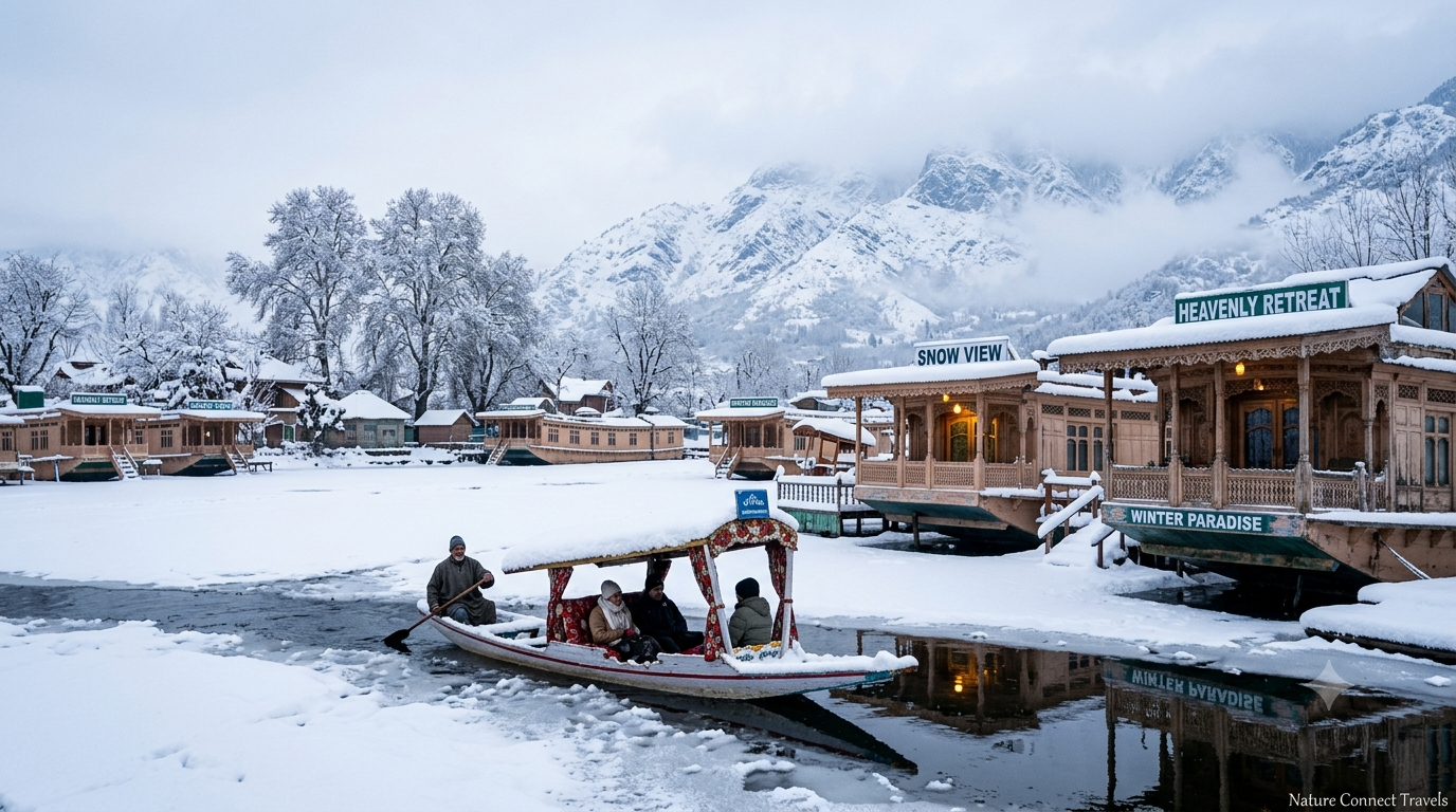 Kashmir trip package in February by Nature Connect Travels showing snow-covered Dal Lake houseboats and Shikara
